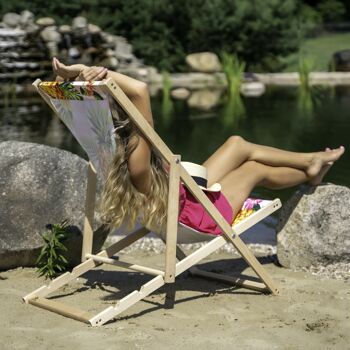 Chaise longue de plage pliante en bois Outentin - chaise longue en bois haut de gamme grande - pour jardin, balcon et plage - design moderne - chaise longue de plage pliante en bois - jusqu'à 130 kg motif licorne 5