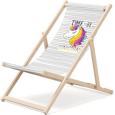 Outentin Klappbare Strandliege aus Holz - Premium Holz Liegestuhl groß - für Garten, Balkon und Strand - Modernes Design - Klappbare Sonnenliege Sonnenbett - bis 130 kg Motiv Einhorn