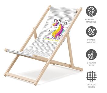 Chaise longue de plage pliante en bois Outentin - transat en bois haut de gamme grand - pour jardin, balcon et plage - design moderne - chaise longue pliante transat - jusqu'à 130 kg motif licorne 4