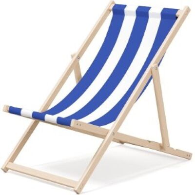 Outentin klappbare Strandliege aus Holz – Premium Holzliegestuhl groß – für Garten, Balkon und Strand – modernes Design – klappbare Strandliege aus Holz – bis 130 kg blaues Streifenmotiv