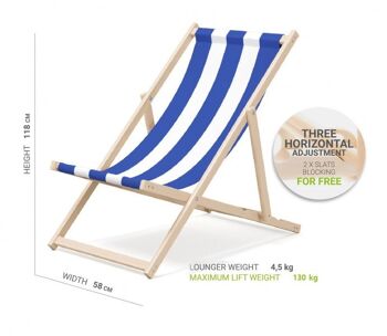 Chaise longue de plage pliante en bois Outentin - chaise longue en bois haut de gamme grande - pour jardin, balcon et plage - design moderne - chaise longue de plage pliante en bois - jusqu'à 130 kg motif à rayures bleues 2