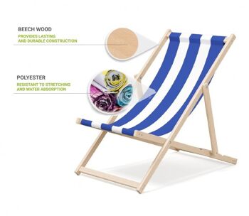 Chaise longue de plage pliante en bois Outentin - chaise longue en bois haut de gamme grande - pour jardin, balcon et plage - design moderne - chaise longue de plage pliante en bois - jusqu'à 130 kg motif à rayures bleues 3