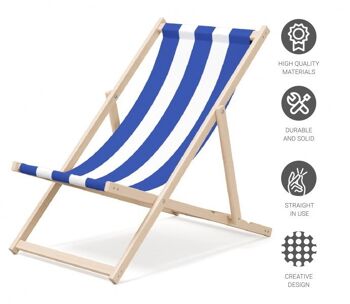 Chaise longue de plage pliante en bois Outentin - chaise longue en bois haut de gamme grande - pour jardin, balcon et plage - design moderne - chaise longue de plage pliante en bois - jusqu'à 130 kg motif à rayures bleues 4