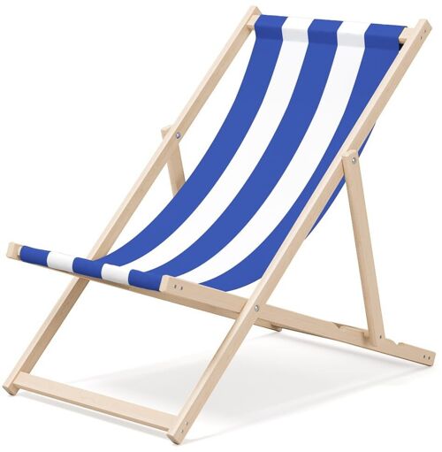Outentin folding wooden beach lounger - premium wooden deckchair large - for garden, balcony and beach - modern design - folding sunlounger sunbed- up to 130 kg motif Blue stripe