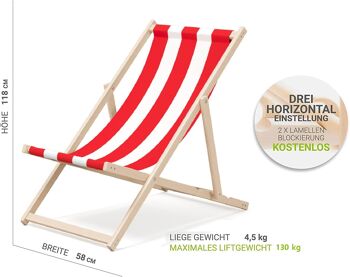 Chaise longue de plage pliante en bois Outentin - chaise longue en bois haut de gamme grande - pour jardin, balcon et plage - design moderne - chaise longue de plage pliante en bois - jusqu'à 130 kg motif à rayures rouges 2