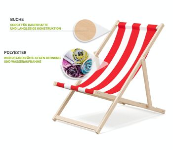 Chaise longue de plage pliante en bois Outentin - chaise longue en bois haut de gamme grande - pour jardin, balcon et plage - design moderne - chaise longue de plage pliante en bois - jusqu'à 130 kg motif à rayures rouges 3