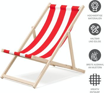 Chaise longue de plage pliante en bois Outentin - chaise longue en bois haut de gamme grande - pour jardin, balcon et plage - design moderne - chaise longue de plage pliante en bois - jusqu'à 130 kg motif à rayures rouges 4