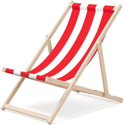 Chaise longue de plage pliante en bois Outentin - transat en bois haut de gamme grand - pour jardin, balcon et plage - design moderne - chaise longue pliante transat - jusqu'à 130 kg motif Rayure rouge