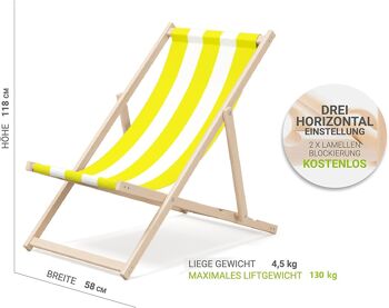 Chaise longue de plage pliante en bois Outentin - chaise longue en bois haut de gamme grande - pour jardin, balcon et plage - design moderne - chaise longue de plage pliante en bois - jusqu'à 130 kg motif à rayures jaunes 2