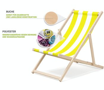 Chaise longue de plage pliante en bois Outentin - chaise longue en bois haut de gamme grande - pour jardin, balcon et plage - design moderne - chaise longue de plage pliante en bois - jusqu'à 130 kg motif à rayures jaunes 3