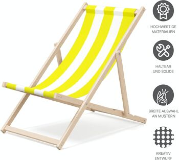 Chaise longue de plage pliante en bois Outentin - chaise longue en bois haut de gamme grande - pour jardin, balcon et plage - design moderne - chaise longue de plage pliante en bois - jusqu'à 130 kg motif à rayures jaunes 4