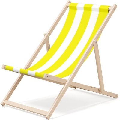 Outentin Klappbare Strandliege aus Holz - Premium Holz Liegestuhl groß - für Garten, Balkon und Strand - Modernes Design - Klappbare Sonnenliege Sonnenbett - bis 130 kg Motiv Gelbe Streifen