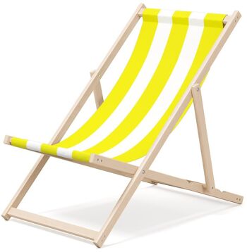 Chaise longue de plage pliante en bois Outentin - transat en bois haut de gamme grand - pour jardin, balcon et plage - design moderne - chaise longue pliante transat - jusqu'à 130 kg motif Rayure jaune 1