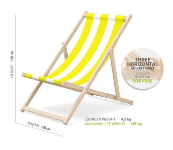 Chaise longue de plage pliante en bois Outentin - transat en bois haut de gamme grand - pour jardin, balcon et plage - design moderne - chaise longue pliante transat - jusqu'à 130 kg motif Rayure jaune 2