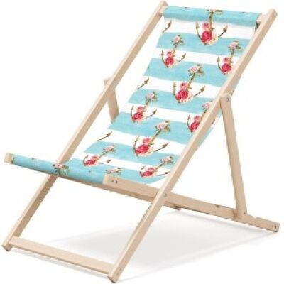 Outentin folding wooden beach lounger - premium wooden deck chair large - for garden, balcony and beach - modern design - wooden folding beach lounger - up to 130 kg motif anchor