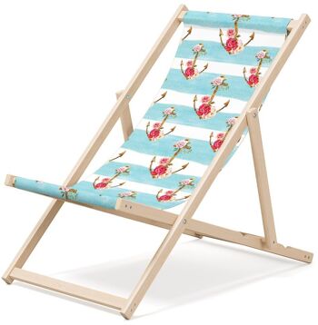 Outentin chaise longue de plage pliante en bois - transat en bois haut de gamme grand - pour jardin, balcon et plage - design moderne - chaise longue pliante transat - jusqu'à 130 kg motif ancre 1