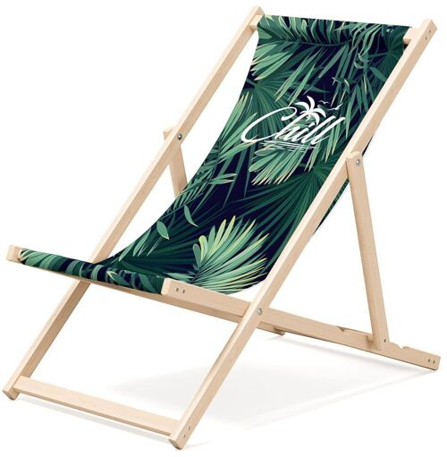 Outentin folding wooden beach lounger - premium wooden deckchair large - for garden, balcony and beach - modern design - folding sunlounger sunbed- up to 130 kg motif Chill