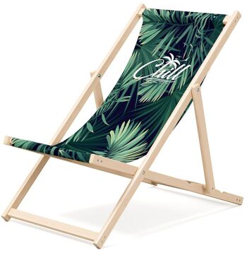 Chaise longue de plage pliante en bois Outentin - transat en bois haut de gamme grand - pour jardin, balcon et plage - design moderne - chaise longue pliante transat - jusqu'à 130 kg motif Chill 1