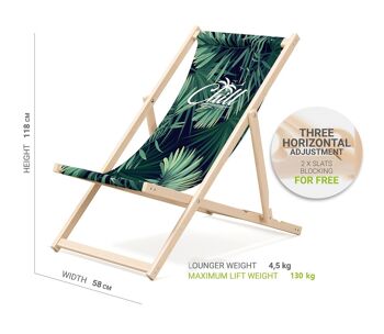 Chaise longue de plage pliante en bois Outentin - transat en bois haut de gamme grand - pour jardin, balcon et plage - design moderne - chaise longue pliante transat - jusqu'à 130 kg motif Chill 2