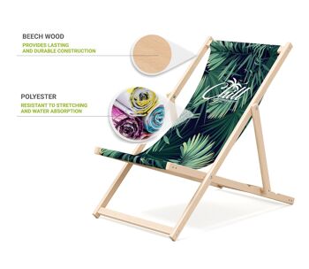 Chaise longue de plage pliante en bois Outentin - transat en bois haut de gamme grand - pour jardin, balcon et plage - design moderne - chaise longue pliante transat - jusqu'à 130 kg motif Chill 3