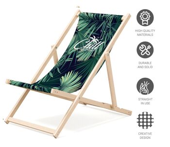 Chaise longue de plage pliante en bois Outentin - transat en bois haut de gamme grand - pour jardin, balcon et plage - design moderne - chaise longue pliante transat - jusqu'à 130 kg motif Chill 4