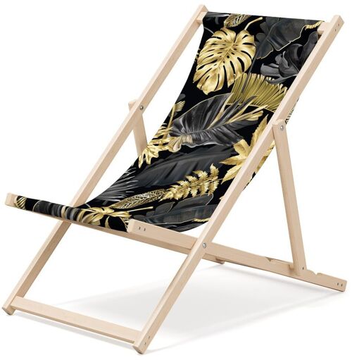 Outentin folding wooden beach lounger - premium wooden deckchair large - for garden, balcony and beach - modern design - folding sunlounger sunbed- up to 130 kg motif Golden leaves