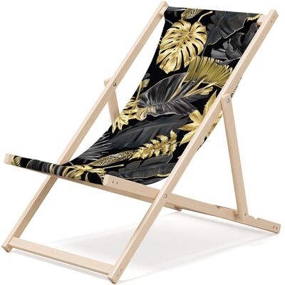 Chaise longue de plage pliante en bois Outentin - transat en bois haut de gamme grand - pour jardin, balcon et plage - design moderne - chaise longue pliante transat - jusqu'à 130 kg motif Feuilles d'or