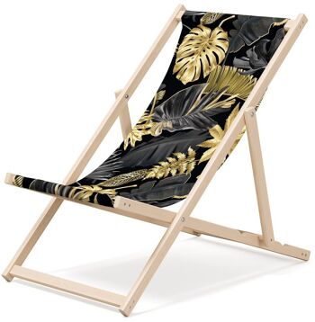 Chaise longue de plage pliante en bois Outentin - transat en bois haut de gamme grand - pour jardin, balcon et plage - design moderne - chaise longue pliante transat - jusqu'à 130 kg motif Feuilles d'or 1