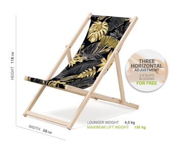 Chaise longue de plage pliante en bois Outentin - transat en bois haut de gamme grand - pour jardin, balcon et plage - design moderne - chaise longue pliante transat - jusqu'à 130 kg motif Feuilles d'or 2