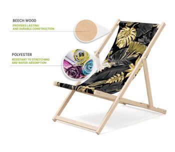 Chaise longue de plage pliante en bois Outentin - transat en bois haut de gamme grand - pour jardin, balcon et plage - design moderne - chaise longue pliante transat - jusqu'à 130 kg motif Feuilles d'or 3
