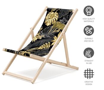 Chaise longue de plage pliante en bois Outentin - transat en bois haut de gamme grand - pour jardin, balcon et plage - design moderne - chaise longue pliante transat - jusqu'à 130 kg motif Feuilles d'or 4