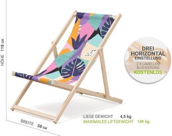 Chaise longue de plage pliante en bois Outentin - chaise longue en bois haut de gamme grande - pour jardin, balcon et plage - design moderne - chaise longue de plage pliante en bois - jusqu'à 130 kg motif pastel 2