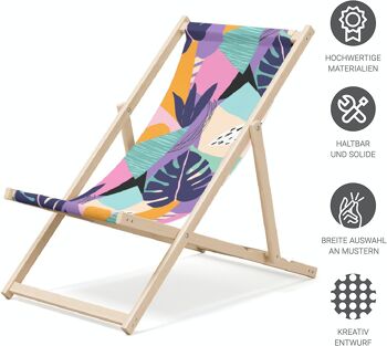 Chaise longue de plage pliante en bois Outentin - chaise longue en bois haut de gamme grande - pour jardin, balcon et plage - design moderne - chaise longue de plage pliante en bois - jusqu'à 130 kg motif pastel 4