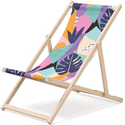 Chaise longue de plage pliante en bois Outentin - transat en bois haut de gamme grand - pour jardin, balcon et plage - design moderne - chaise longue pliante transat - jusqu'à 130 kg motif Pastels