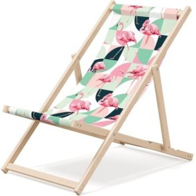Chaise longue de plage pliante en bois Outentin - chaise longue en bois haut de gamme grande - pour jardin, balcon et plage - design moderne - chaise longue de plage pliante en bois - jusqu'à 130 kg motif flamant rose pastel
