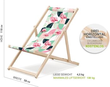 Chaise longue de plage pliante en bois Outentin - chaise longue en bois haut de gamme grande - pour jardin, balcon et plage - design moderne - chaise longue de plage pliante en bois - jusqu'à 130 kg motif flamant rose pastel 2
