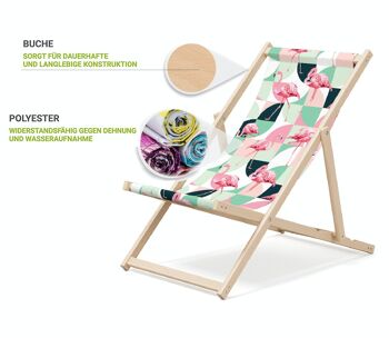 Chaise longue de plage pliante en bois Outentin - chaise longue en bois haut de gamme grande - pour jardin, balcon et plage - design moderne - chaise longue de plage pliante en bois - jusqu'à 130 kg motif flamant rose pastel 3
