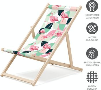Chaise longue de plage pliante en bois Outentin - chaise longue en bois haut de gamme grande - pour jardin, balcon et plage - design moderne - chaise longue de plage pliante en bois - jusqu'à 130 kg motif flamant rose pastel 4