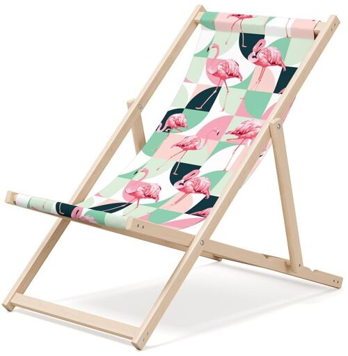 Outentin folding wooden beach lounger - premium wooden deckchair large - for garden, balcony and beach - modern design - folding sunlounger sunbed- up to 130 kg motif Pastel flamingo