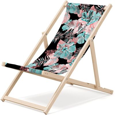 Chaise longue de plage pliante en bois Outentin - transat en bois haut de gamme grand - pour jardin, balcon et plage - design moderne - chaise longue pliante transat - jusqu'à 130 kg motif 3D