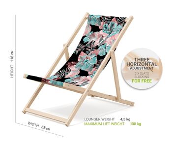 Chaise longue de plage pliante en bois Outentin - transat en bois haut de gamme grand - pour jardin, balcon et plage - design moderne - chaise longue pliante transat - jusqu'à 130 kg motif 3D 2