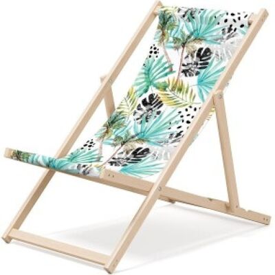 Outentin klappbare Strandliege aus Holz – Premium Holzliegestuhl groß – für Garten, Balkon und Strand – modernes Design – klappbare Strandliege aus Holz – bis 130 kg Palmenmotiv