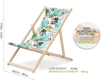 Chaise longue de plage pliante en bois Outentin - chaise longue en bois haut de gamme grande - pour jardin, balcon et plage - design moderne - chaise longue de plage pliante en bois - jusqu'à 130 kg motif palmier 2