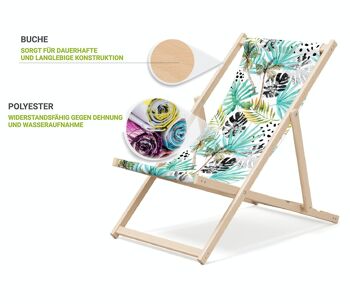 Chaise longue de plage pliante en bois Outentin - chaise longue en bois haut de gamme grande - pour jardin, balcon et plage - design moderne - chaise longue de plage pliante en bois - jusqu'à 130 kg motif palmier 3