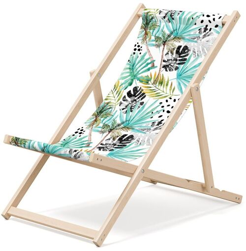 Outentin folding wooden beach lounger - premium wooden deckchair large - for garden, balcony and beach - modern design - folding sunlounger sunbed- up to 130 kg motif Palm trees