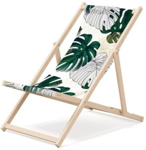 Outentin folding wooden beach lounger - premium wooden deck chair large - for garden, balcony and beach - modern design - wooden folding beach lounger - up to 130 kg motif monster leaf