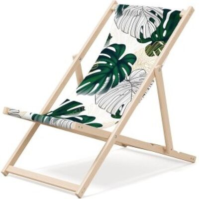 Chaise longue de plage pliante en bois Outentin - chaise longue en bois haut de gamme grande - pour jardin, balcon et plage - design moderne - chaise longue de plage pliante en bois - jusqu'à 130 kg motif feuille de monstre