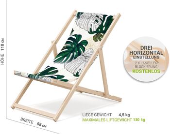 Chaise longue de plage pliante en bois Outentin - chaise longue en bois haut de gamme grande - pour jardin, balcon et plage - design moderne - chaise longue de plage pliante en bois - jusqu'à 130 kg motif feuille de monstre 2