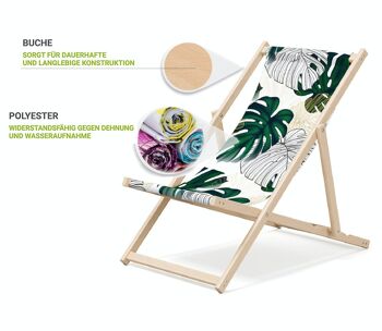 Chaise longue de plage pliante en bois Outentin - chaise longue en bois haut de gamme grande - pour jardin, balcon et plage - design moderne - chaise longue de plage pliante en bois - jusqu'à 130 kg motif feuille de monstre 3