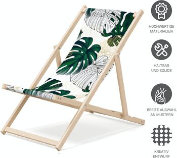 Chaise longue de plage pliante en bois Outentin - chaise longue en bois haut de gamme grande - pour jardin, balcon et plage - design moderne - chaise longue de plage pliante en bois - jusqu'à 130 kg motif feuille de monstre 4